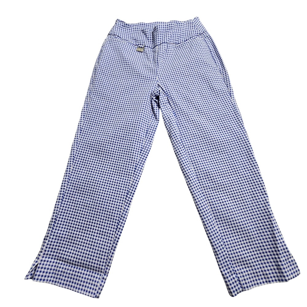 Lulu-B Ankle Pants Women 2 Blue White Gingham Stretch Pull-On Side Slit